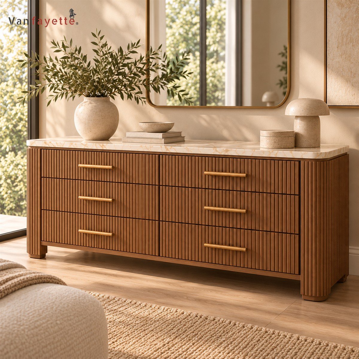 Hugoo Ash Wood Dresser with Six Drawers, Brass Pulls and Marble Top - Image 5