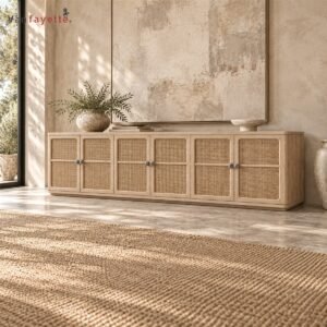ISF00182 ash wood TV cabinet with woven PE rattan doors, front three-quarter view