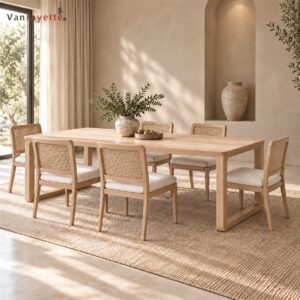ISF00184 solid ash wood dining table with custom dimensions, front three-quarter dining room view