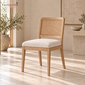 ISF00185 ash wood dining chair with woven PE rattan back, front left three-quarter view