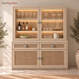 ISF00186 ash wood display cabinet with glass doors and PE rattan storage, straight front view