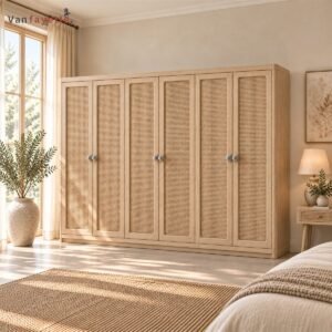 ISF00189 ash wood wardrobe with PE rattan door panels, left three-quarter bedroom view