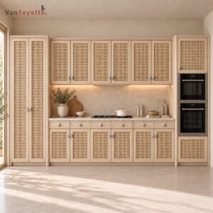 ISF00191 ash wood kitchen cabinet with PE rattan panels, full front kitchen view