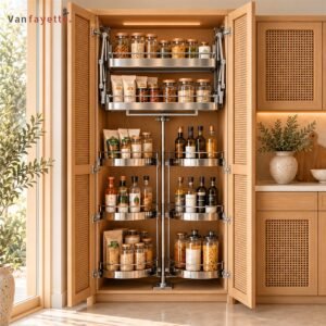 ISF00192 kitchen storage cabinet with pull-down and rotating baskets, full open front view