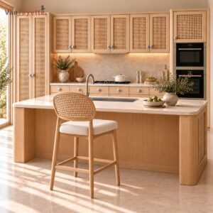 ISF00194 ash wood and PE rattan bar chair with upholstered seat, front view at kitchen island
