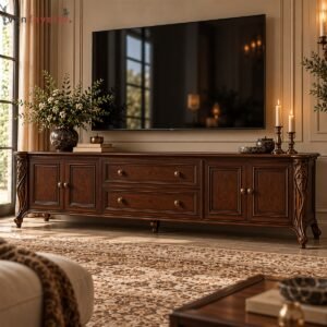 Gothic Black Walnut TV Cabinet with Carved Frame, Double Drawers and Side Storage