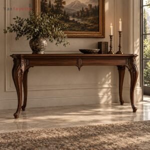 Gothic Black Walnut Console Table with Carved Corners and Linear Detailing