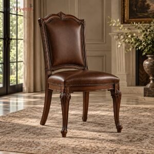 Gothic Black Walnut Side Dining Chair with Genuine Leather Back and Seat