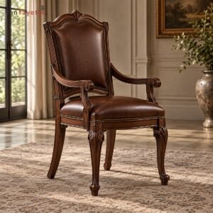Gothic Black Walnut Arm Dining Chair with Genuine Leather Upholstery