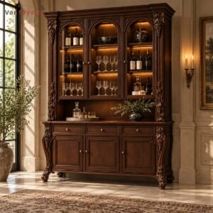 Gothic Black Walnut Wine Cabinet with Carved Vines, Glass Display and Bar Storage