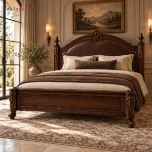 Gothic Black Walnut Bed with Genuine Leather Upholstery