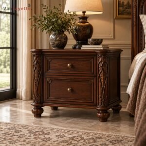 Gothic Black Walnut Nightstand with Two Drawers and Carved Details