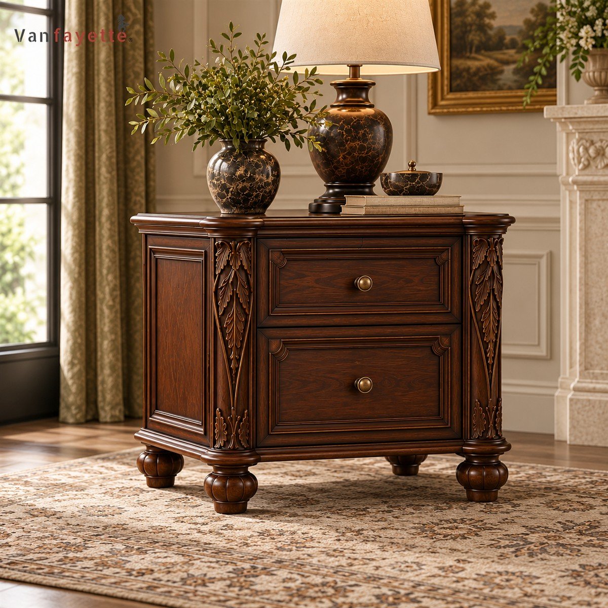 Gothic Black Walnut Nightstand with Two Drawers and Carved Details - Image 2