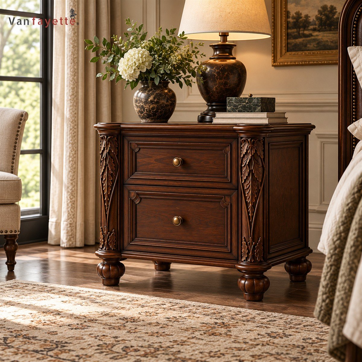 Gothic Black Walnut Nightstand with Two Drawers and Carved Details - Image 3