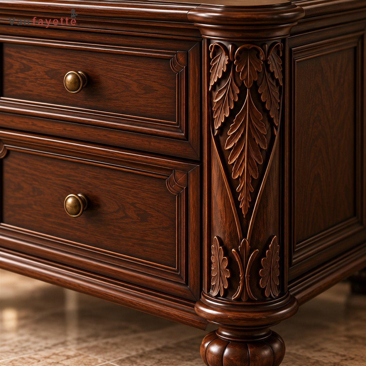 Gothic Black Walnut Nightstand with Two Drawers and Carved Details - Image 4
