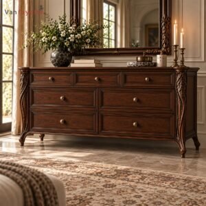 Gothic Black Walnut Dresser with Seven Drawers and Hand-Carved Detail