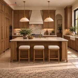 Gothic Black Walnut Kitchen Island with Custom Marble Top and Dimensions