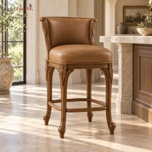 Gothic Black Walnut Bar Chair with Genuine Leather and Handcrafted Detail