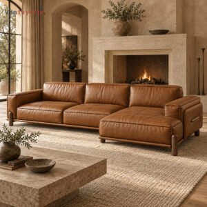 ISK0366 cognac-brown upholstered sectional sofa with chaise in a fireplace living room