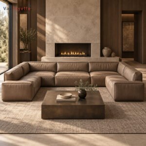ISK056 taupe-brown U-shaped modular sectional sofa in a fireplace living room