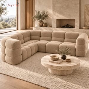 ISMM cream textured U-shaped modular sofa in a fireplace living room