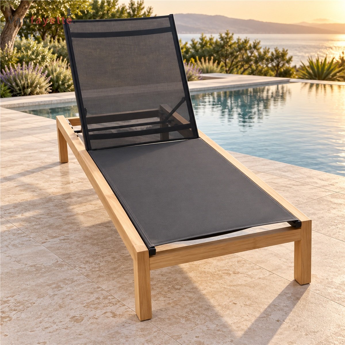 LG-18240 teak and black sling adjustable chaise beside a pool