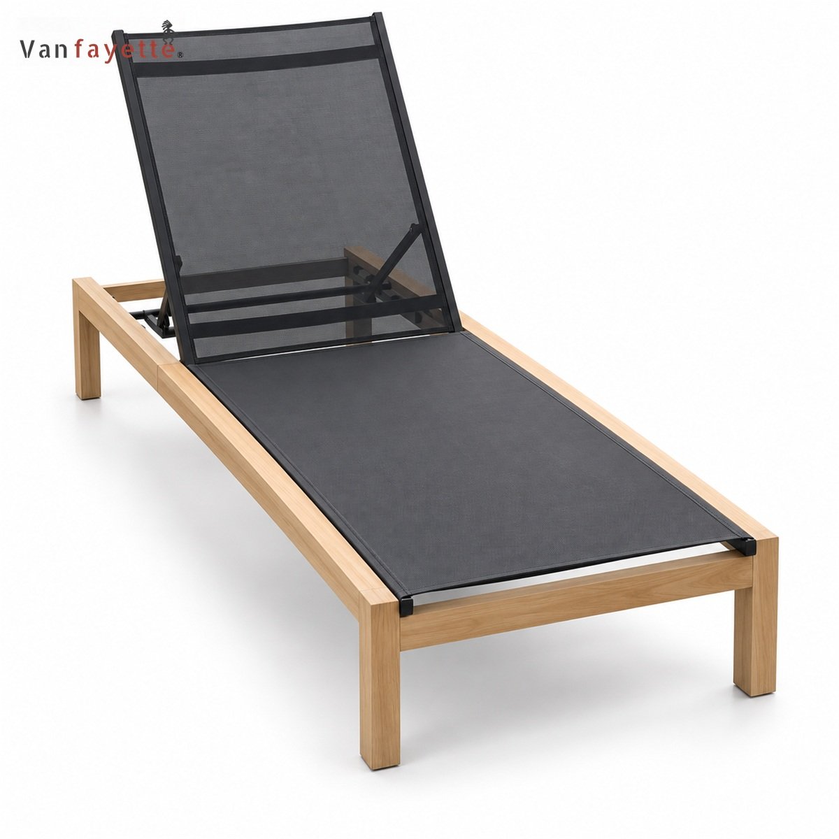 LG-18240 teak frame chaise with black sling fabric front view