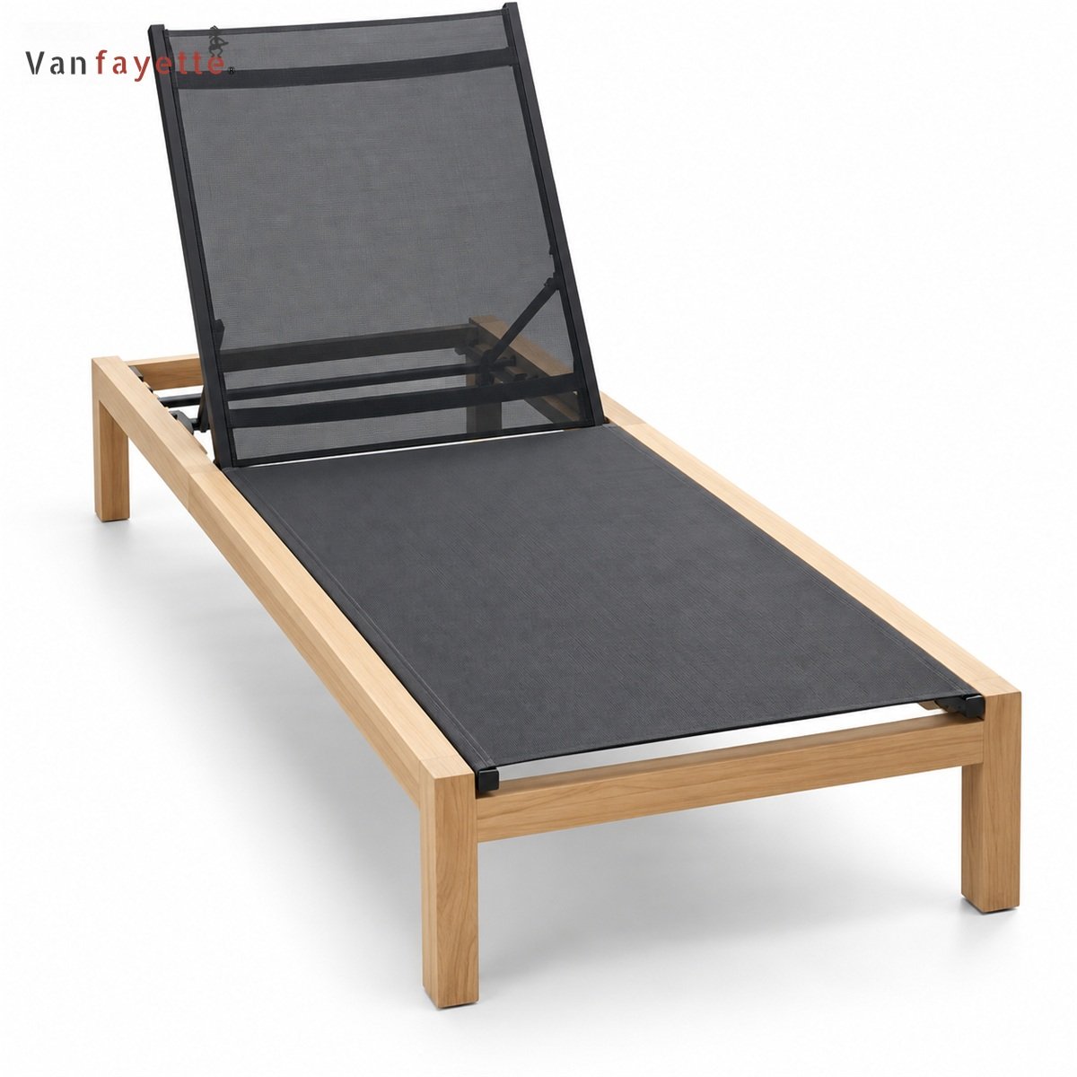 LG-18240 adjustable teak chaise with black sling fabric alternate view