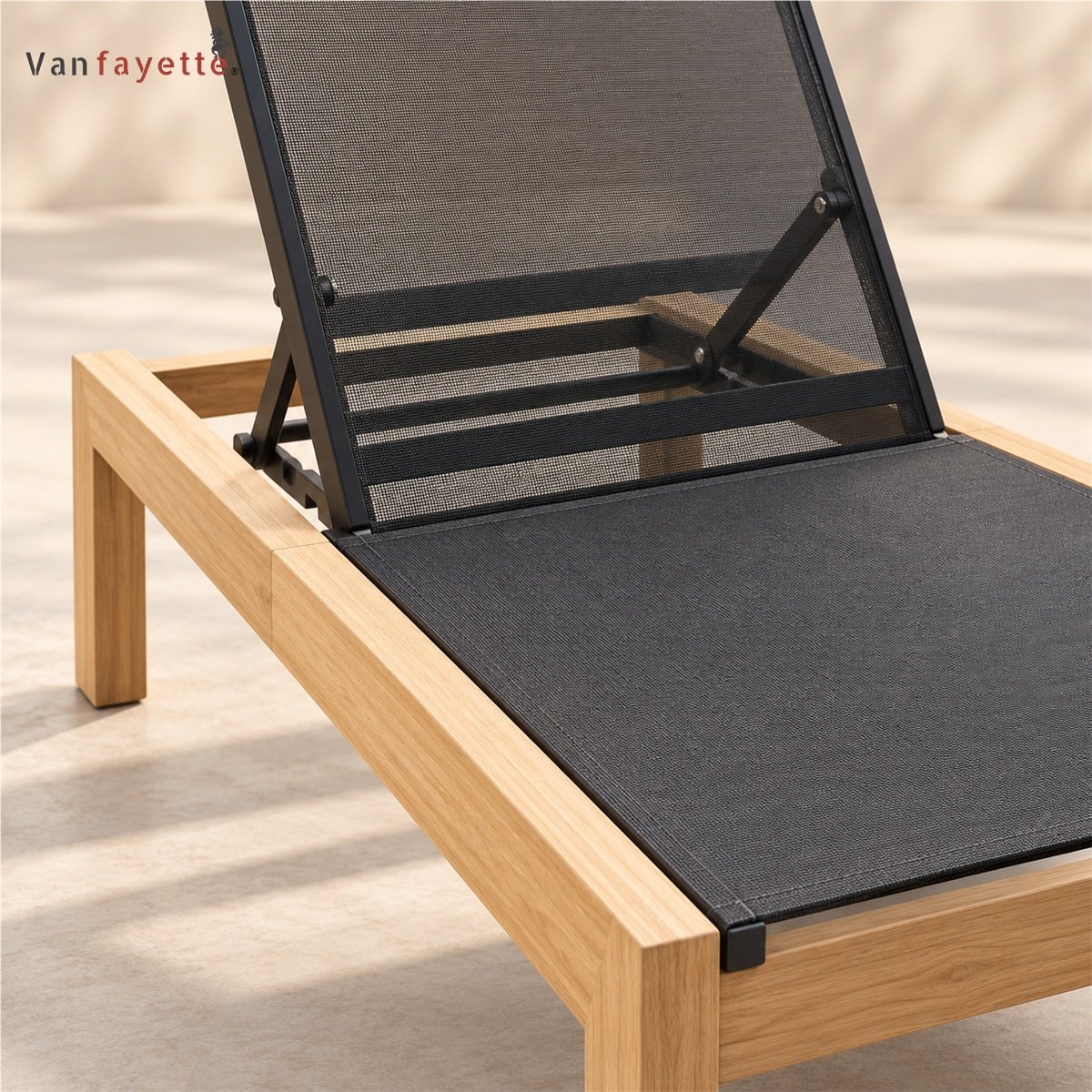 LG-18240 teak rail black sling fabric and recline mechanism detail