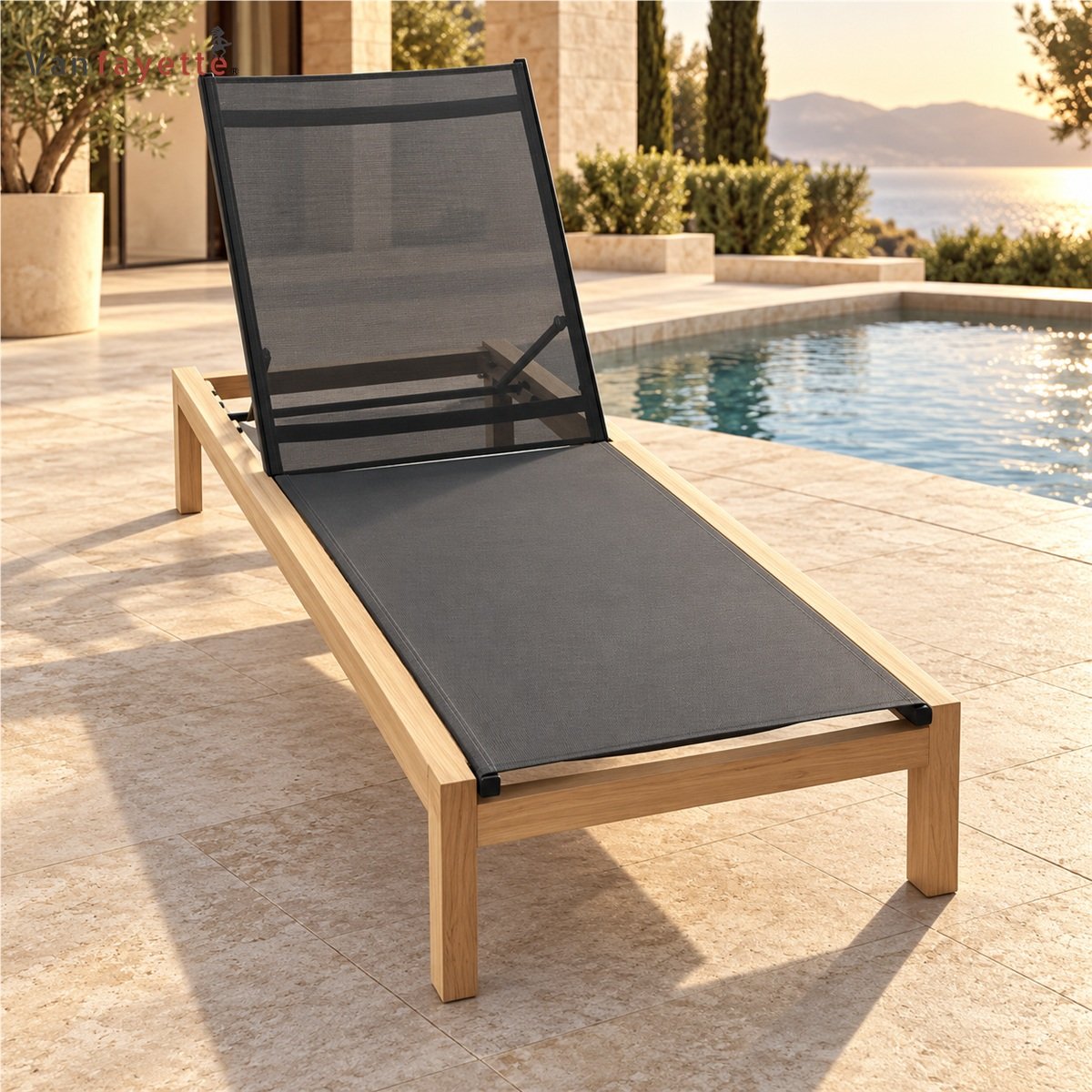 LG-18240 teak and black sling chaise lounge beside a swimming pool