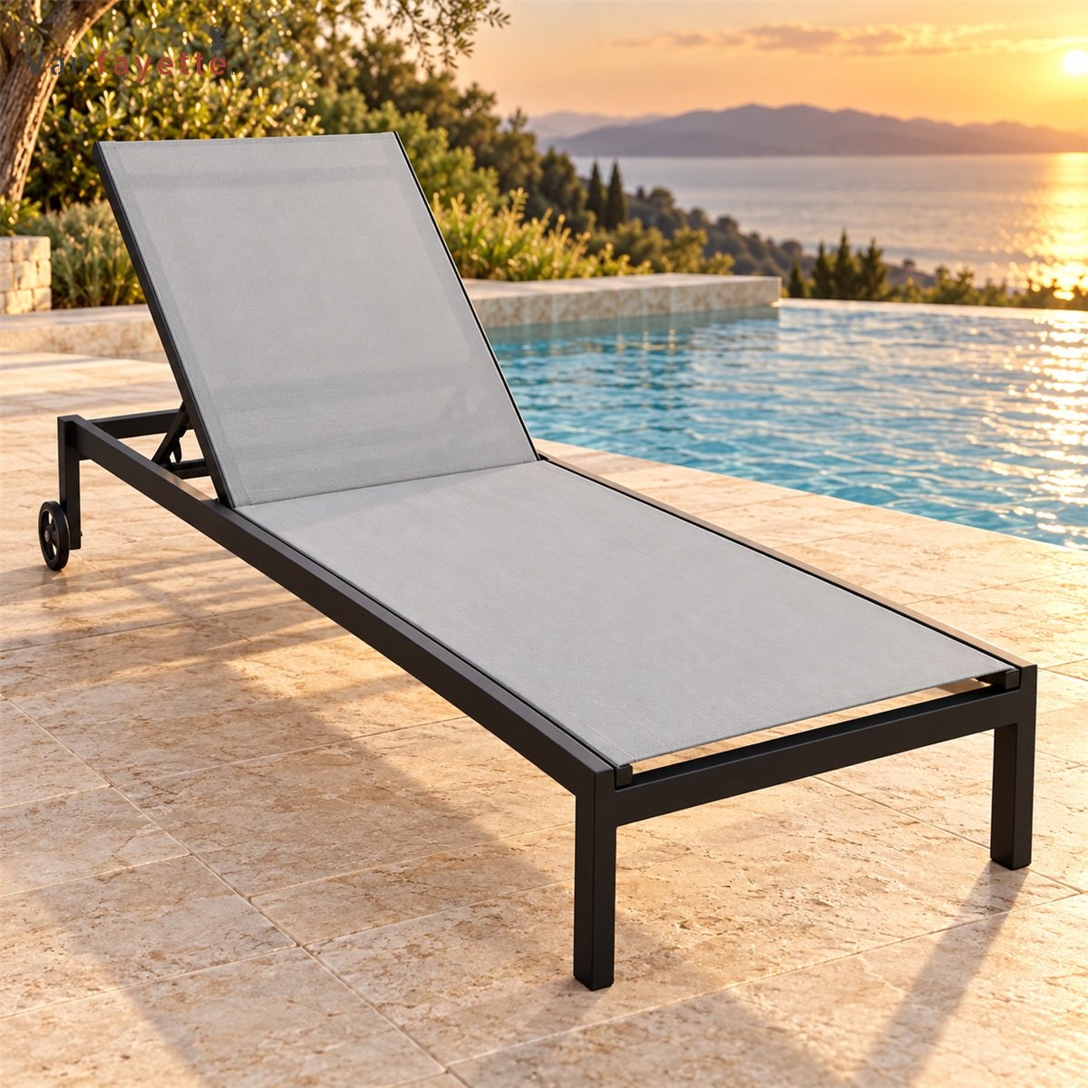 LG-18242 black powder-coated aluminum chaise with gray sling fabric by a pool