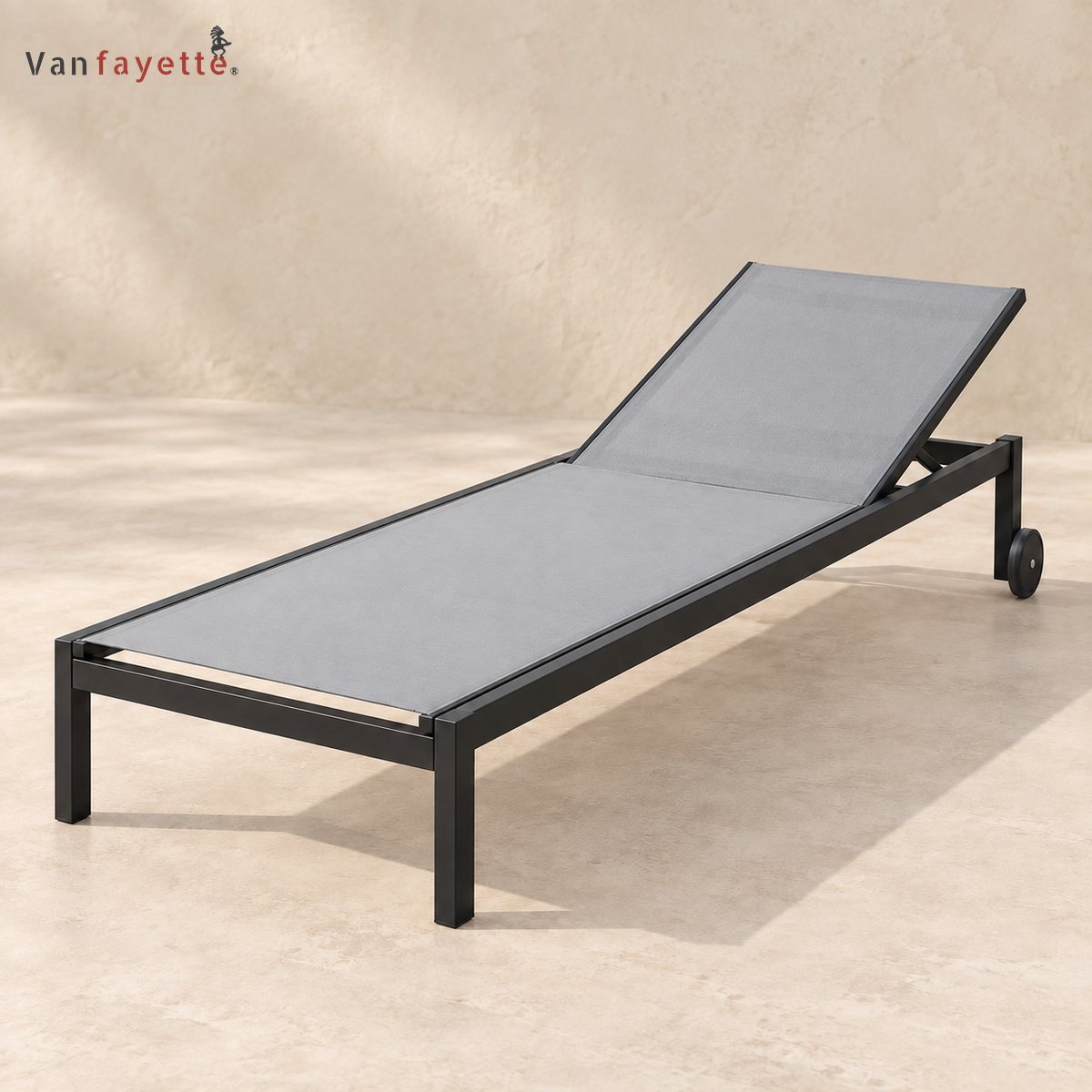 LG-18242 gray sling chaise with black powder-coated aluminum frame