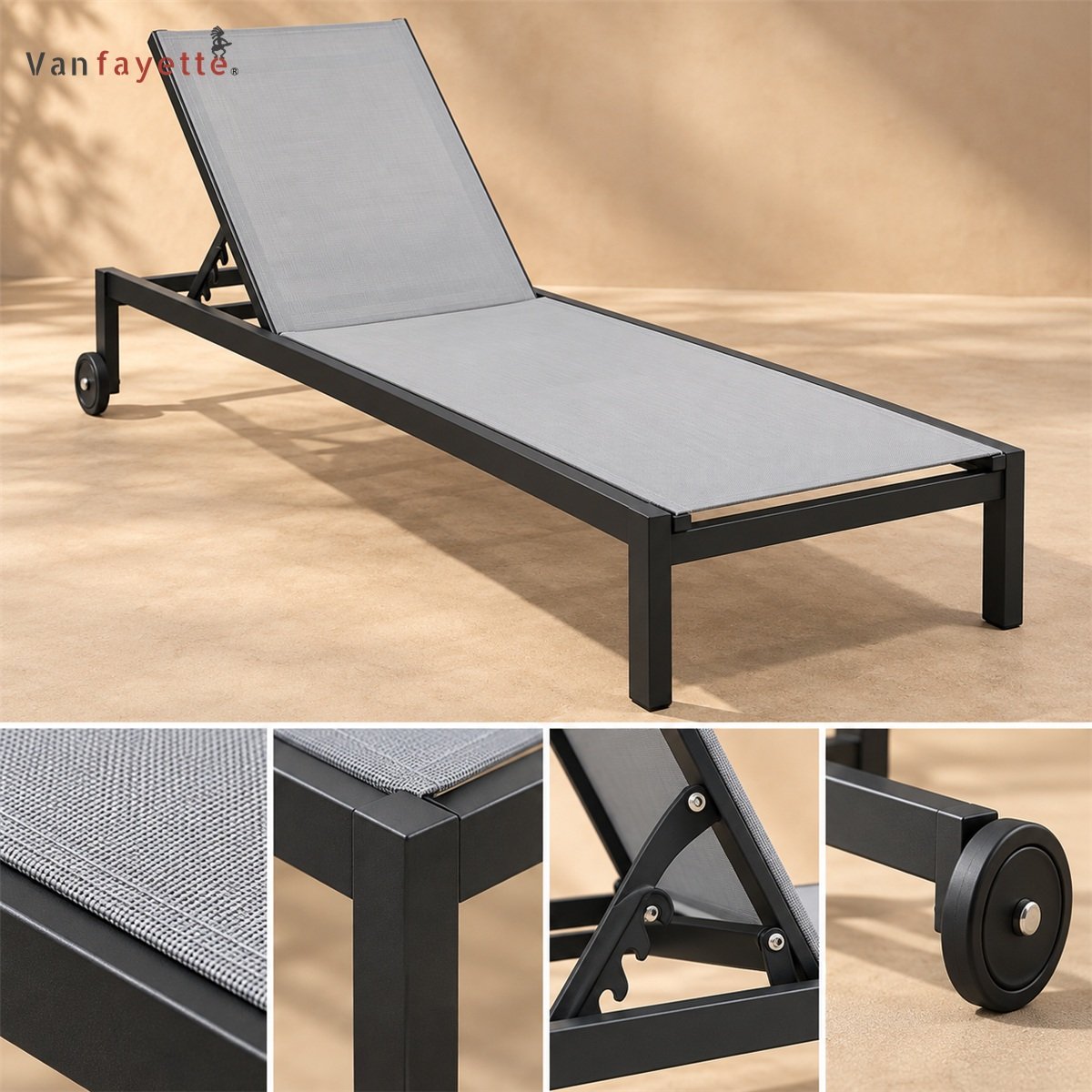 LG-18242 aluminum chaise sling fabric adjustment and wheel details