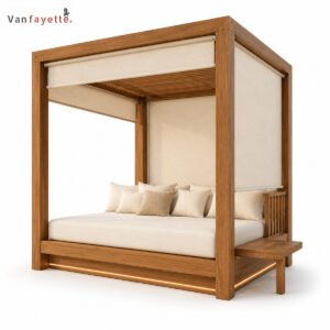 LG-18248 teak outdoor daybed with roller shades, front view