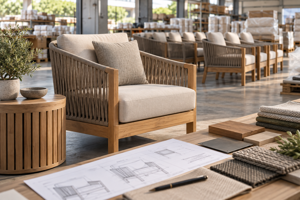 Premium outdoor sofa cushion construction for hospitality and commercial furniture projects