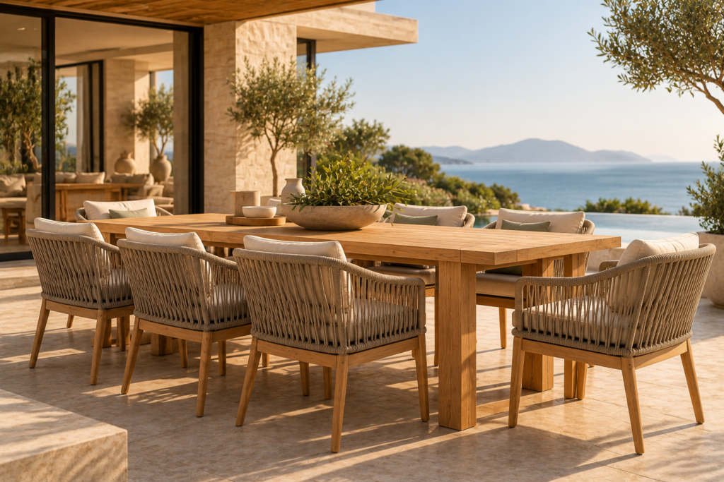 Large teak outdoor dining table with rope dining chairs arranged with generous spacing on a luxury coastal terrace