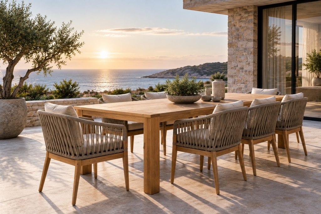 Luxury hotel outdoor seating with performance cushions in a coastal hospitality environment