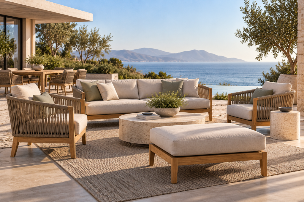 Luxury outdoor dining furniture layout on a spacious Mediterranean-style coastal terrace