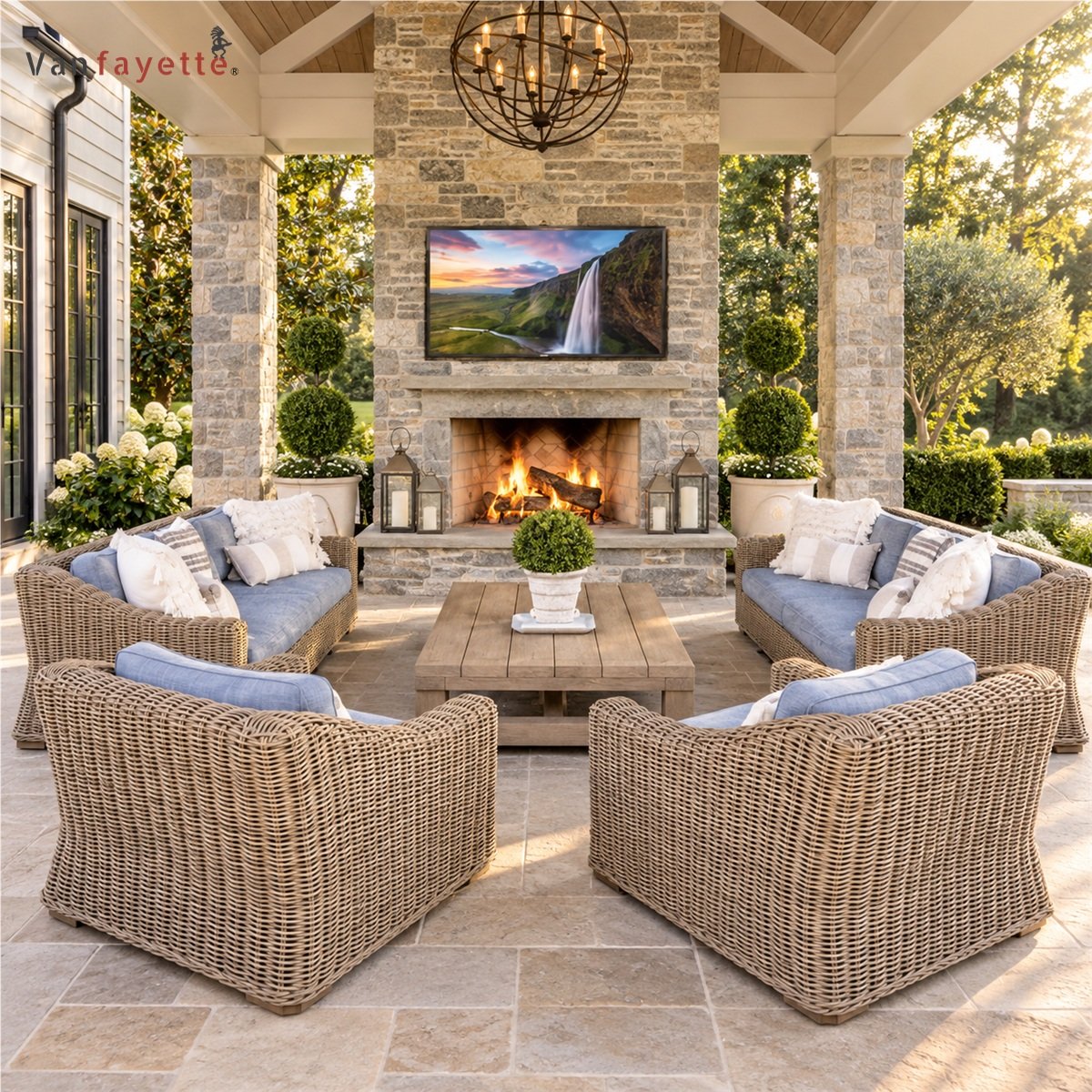 SF26054 aluminum outdoor patio set with PE rattan seating, blue cushions and teak coffee table on a covered terrace