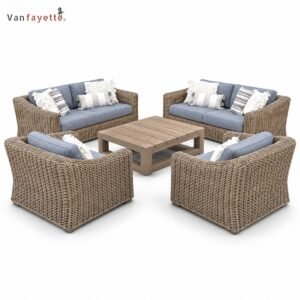 SF26054 PE rattan sofa and lounge chair set with rectangular teak coffee table, front view