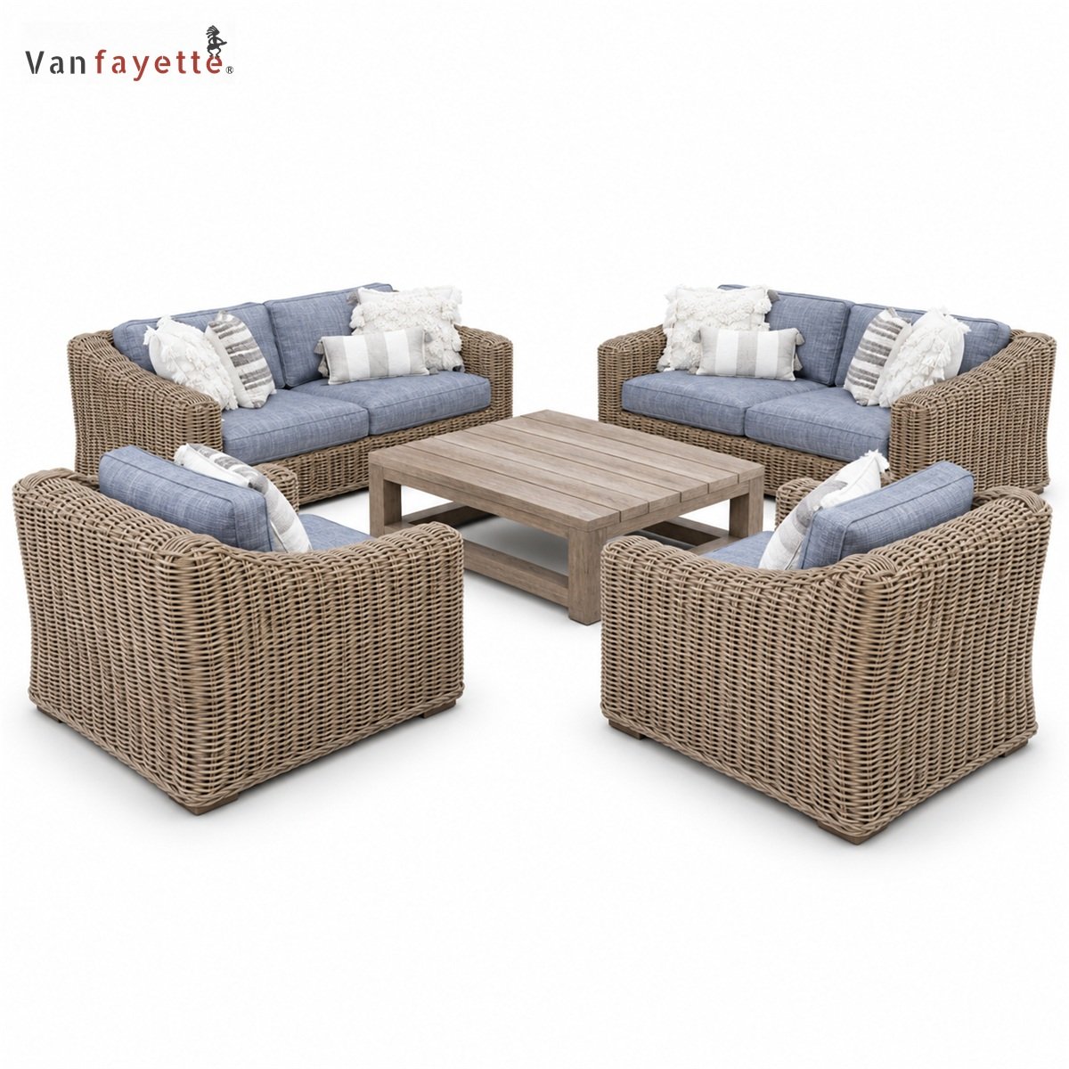 SF26054 aluminum frame PE rattan patio furniture set with teak coffee table, three-quarter view