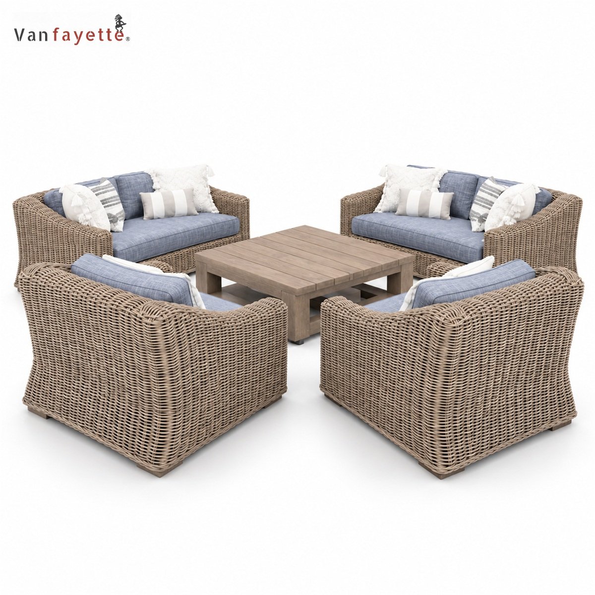 SF26054 PE rattan garden sofa set with aluminum frames and teak coffee table, rear view