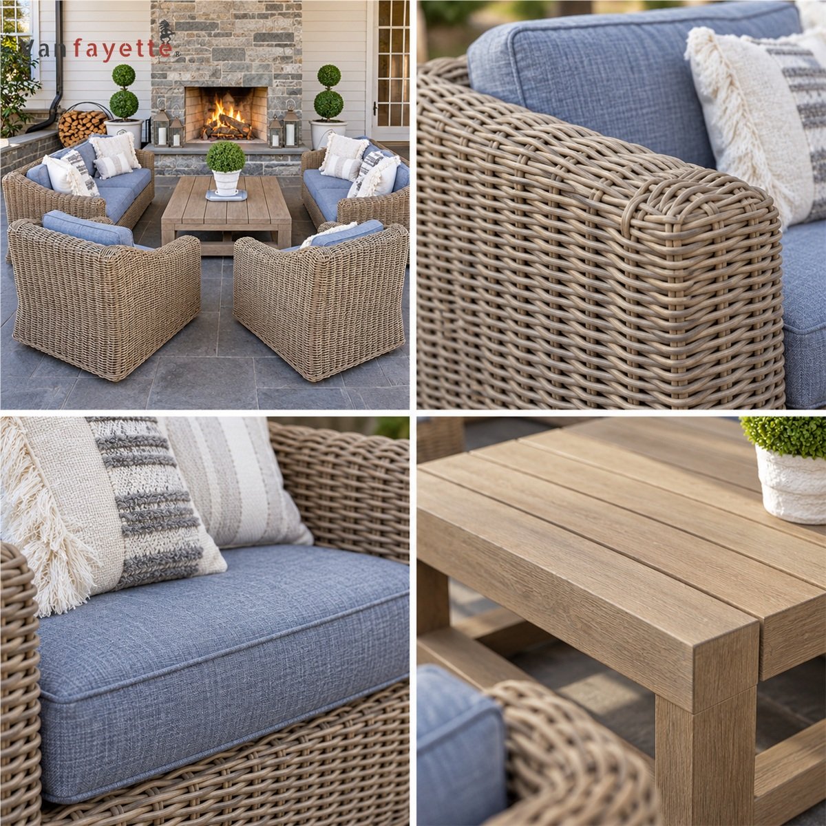 SF26054 outdoor furniture details with PE rattan weave, blue cushion and teak coffee table