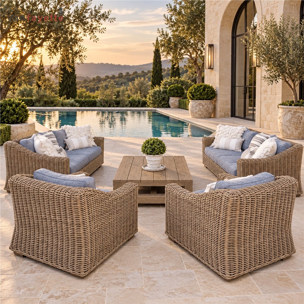 SF26054 PE rattan outdoor sofa set with blue cushions and teak coffee table beside a pool