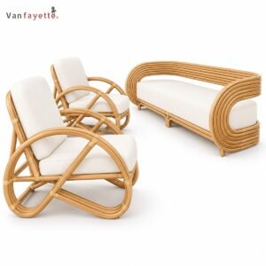SF26185 aluminum outdoor sofa and chairs in PE rattan, front three-quarter view