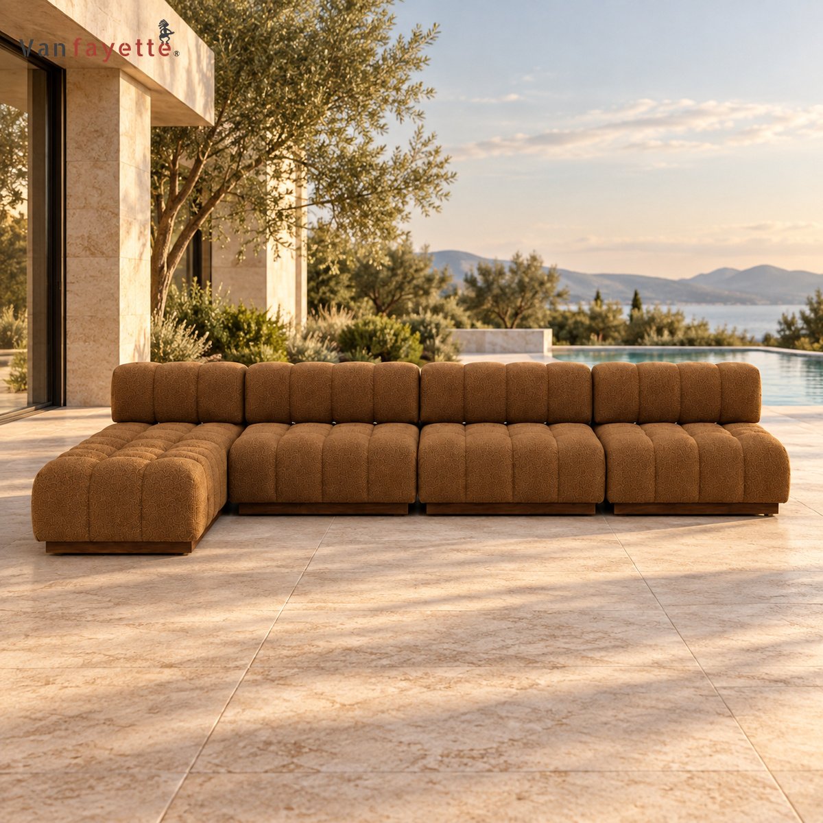 SF26312 brown channel-tufted modular chaise sectional on an outdoor terrace
