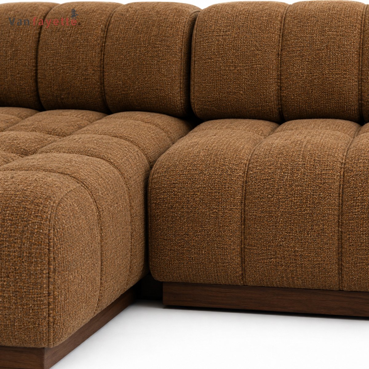 SF26312 brown channel upholstery and teak base close-up