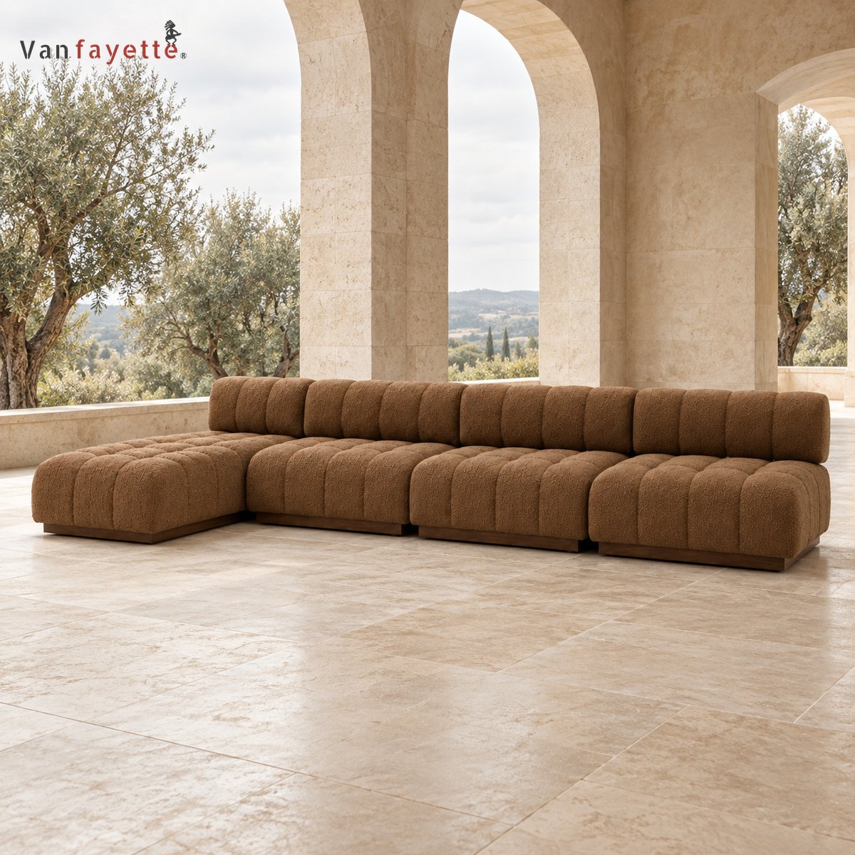 SF26312 large brown modular chaise sectional on a covered terrace