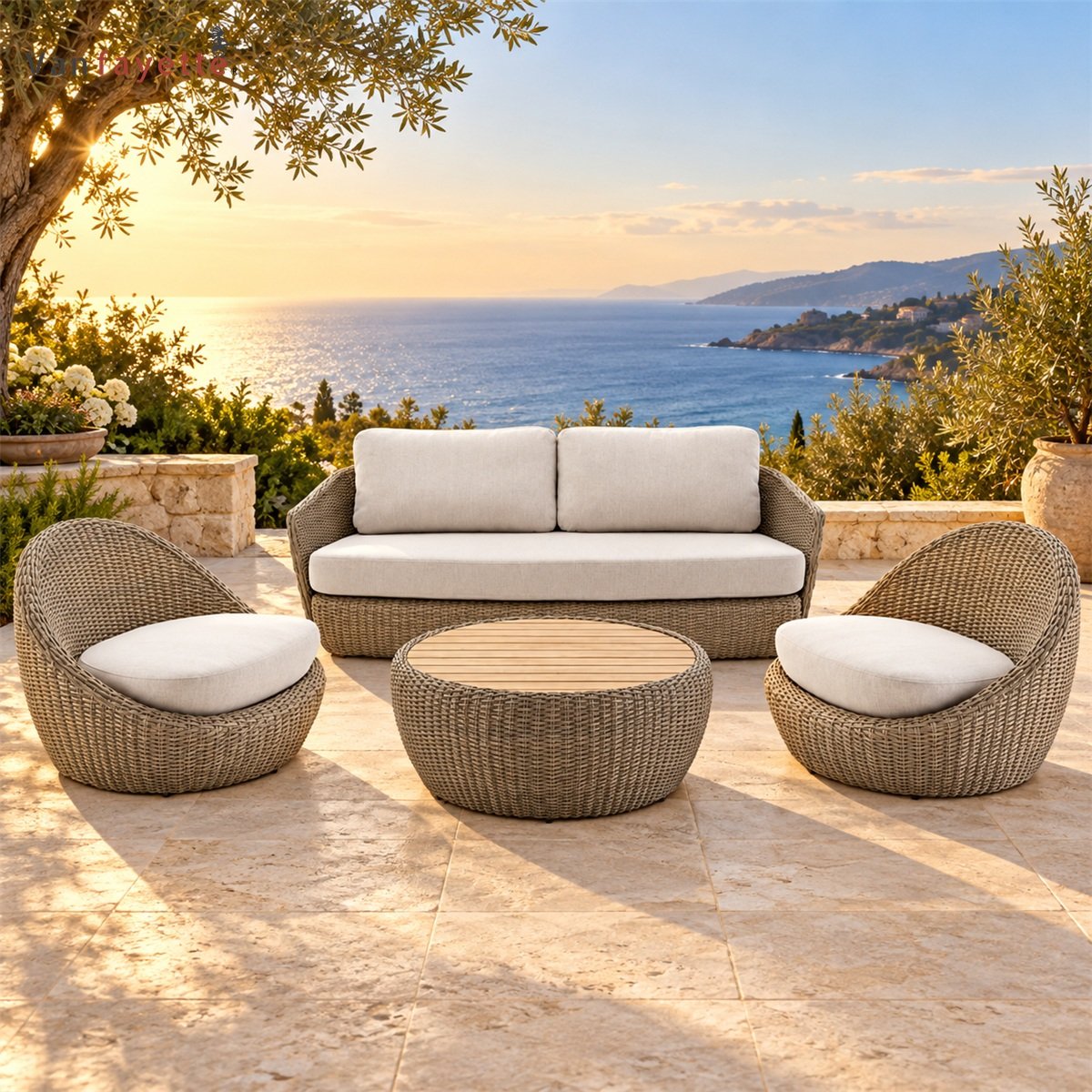 SF26322 woven outdoor conversation set on a sunset seaside terrace