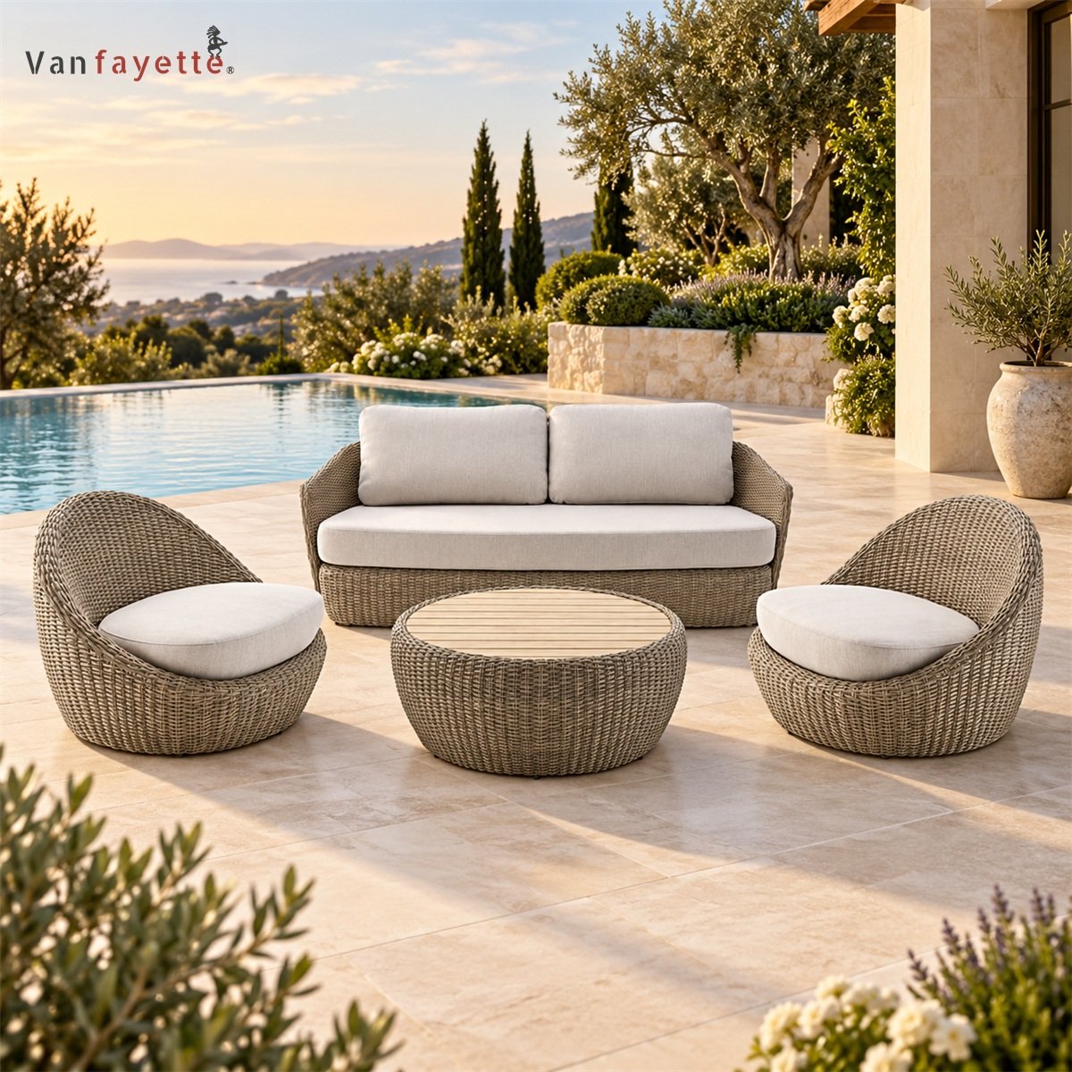 SF26322 woven outdoor sofa and chairs beside a swimming pool